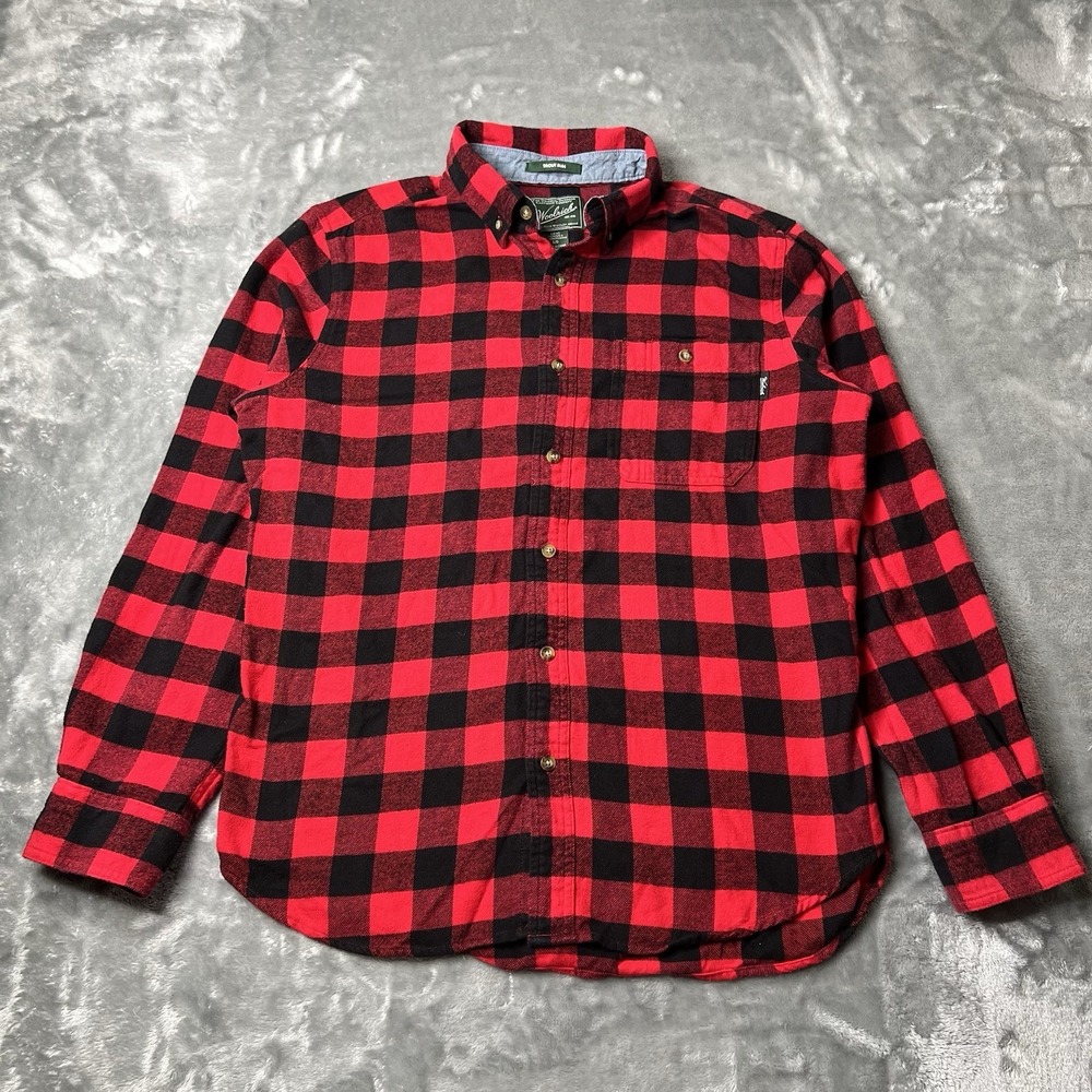 Woolrich Flannel Men Size Large Long Sleeve Check Plaid Shirt Red Black Trout